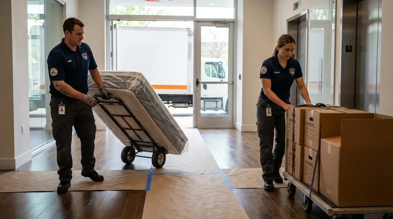 Professional apartment movers loading elevator in Greenville, MS